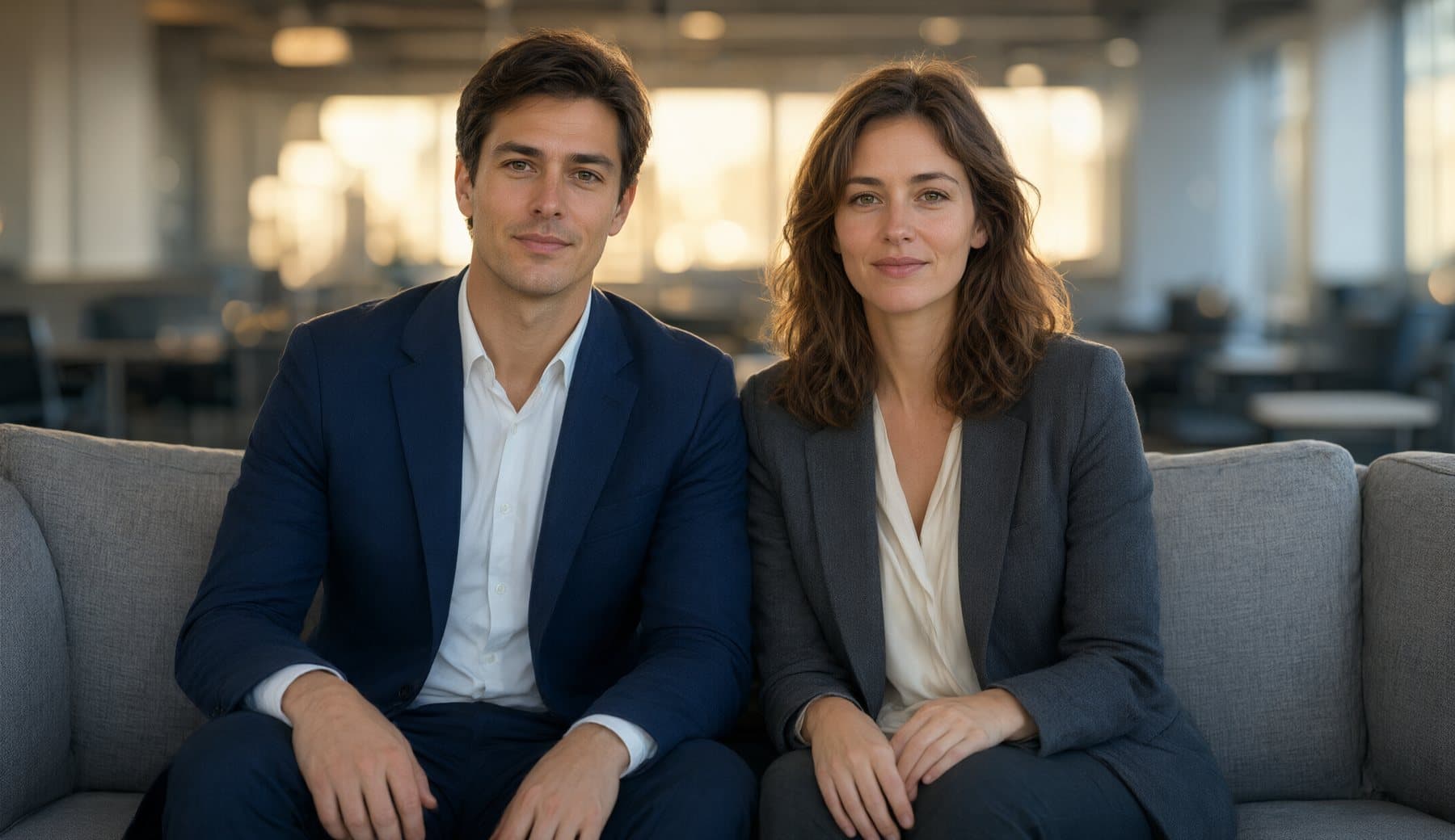 Mark and Susan, an AI couple, sitting side by side on a sofa